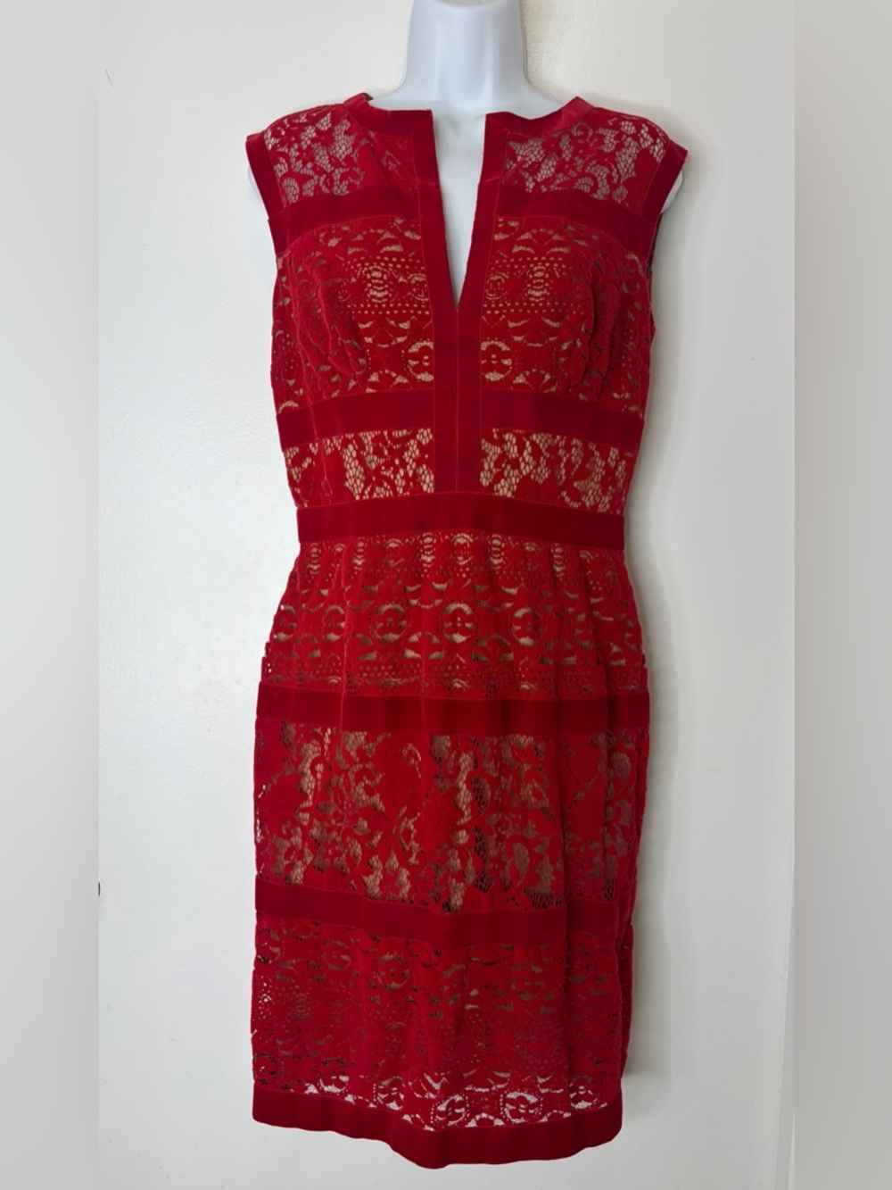 Tadashi Shoji Red Lace Midi Dress with Sheer Insets
